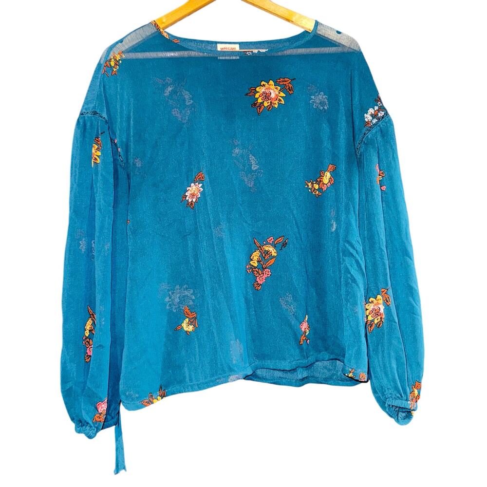 Mossimo Women's Sheer Boho Peasant Blouse Top Floral Teal Size M Crochet Billow